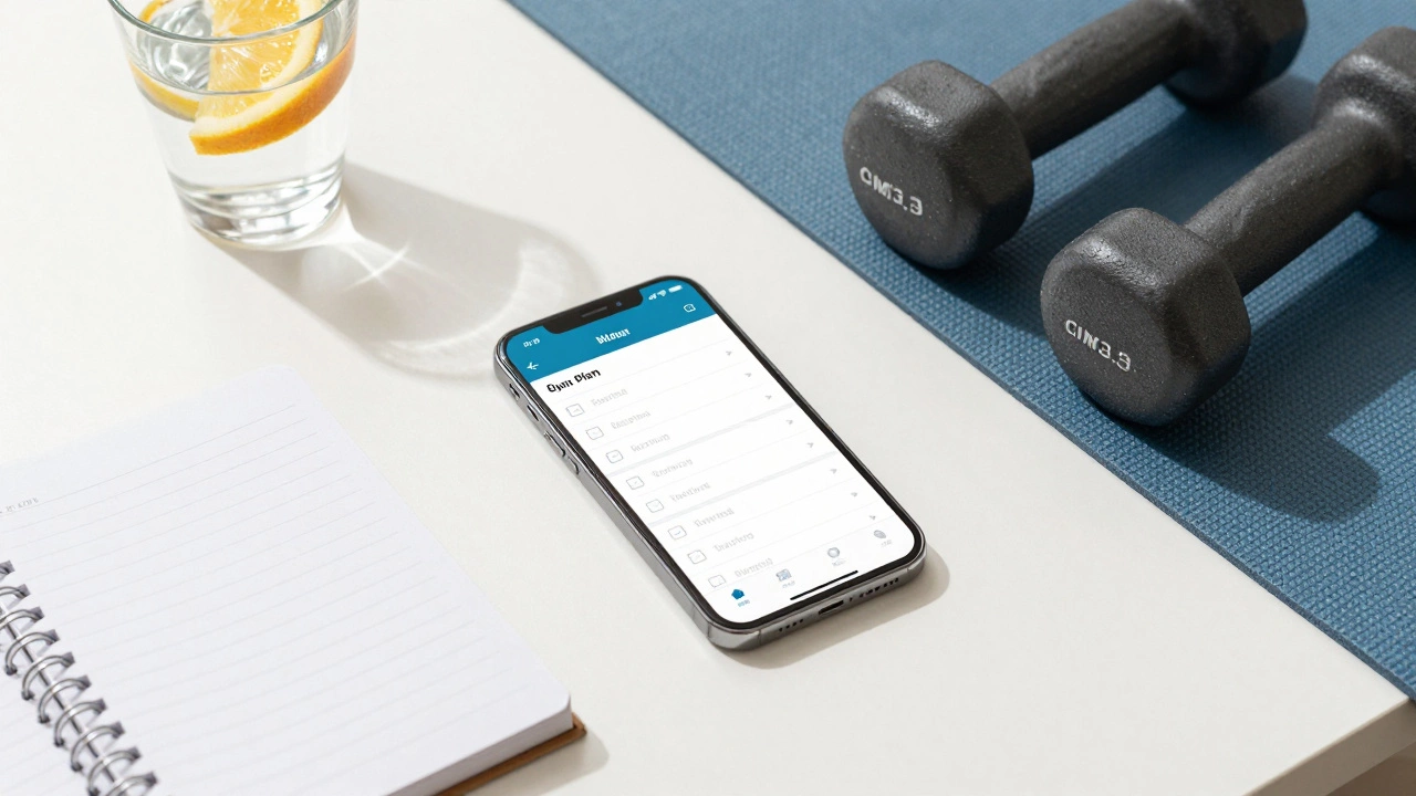 Workout planner items: phone, dumbbells, mat, and logbook on desk