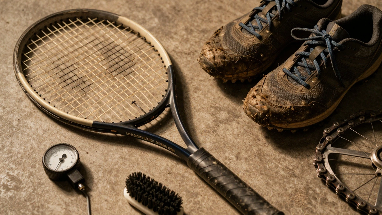 Worn tennis racket, muddy shoe, and bike chain layout