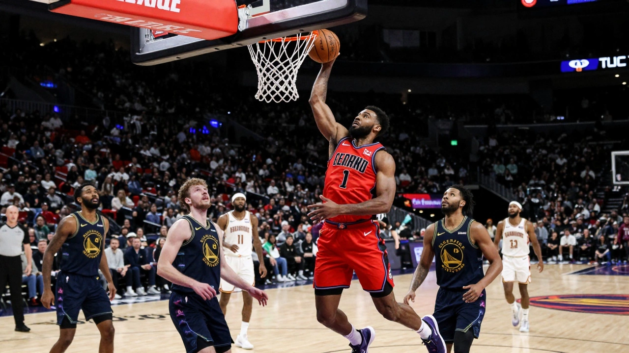 Action shot of a G League player dunking the ball during a game