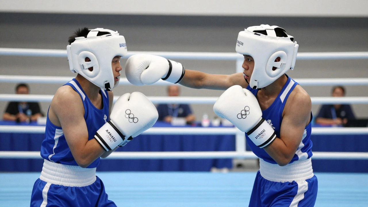 Amateur boxers with headgear competing in an Olympic-style match