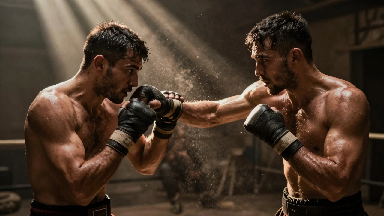 Bare-knuckle fighters exchanging punches in a gritty, dimly lit arena