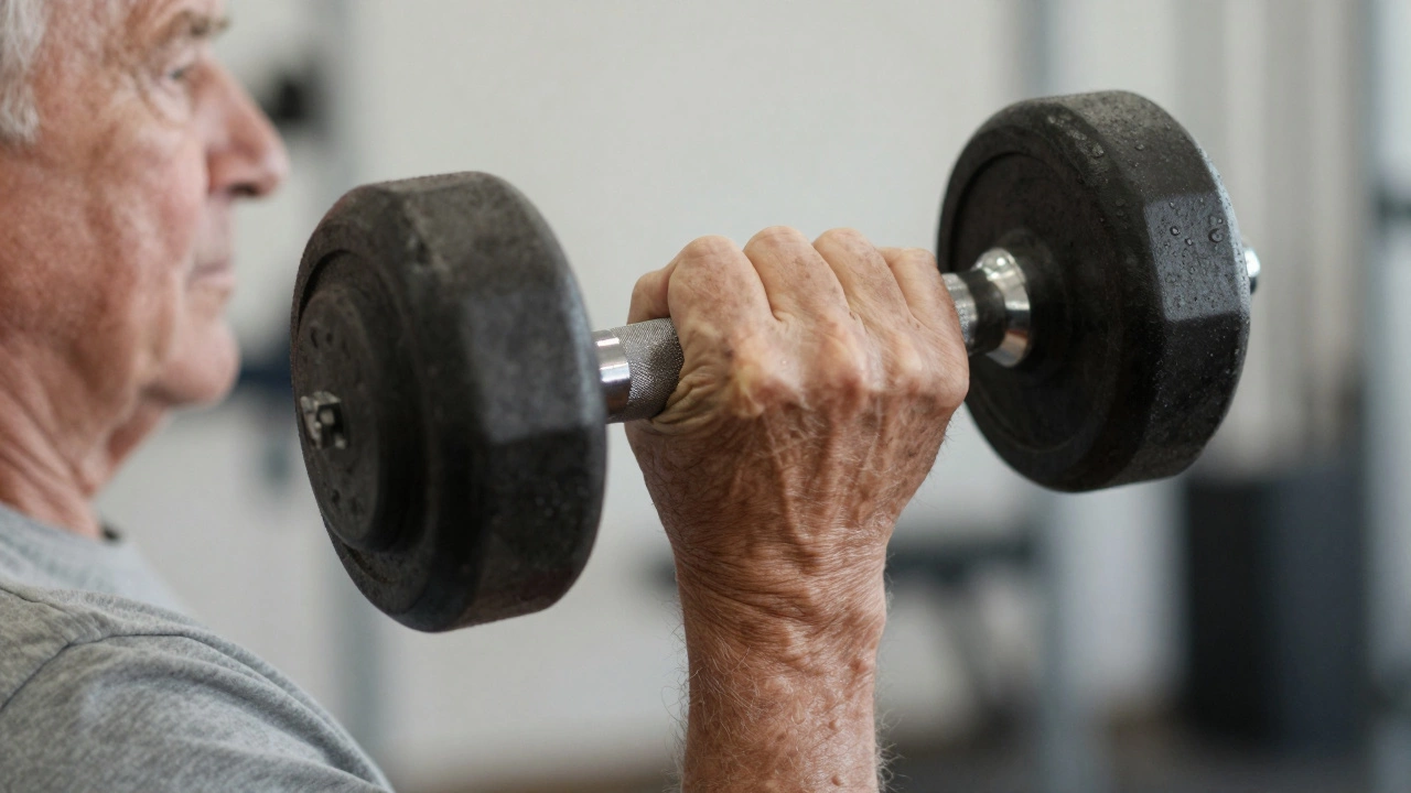 Close up of older man's arm lifting weight, showing strength