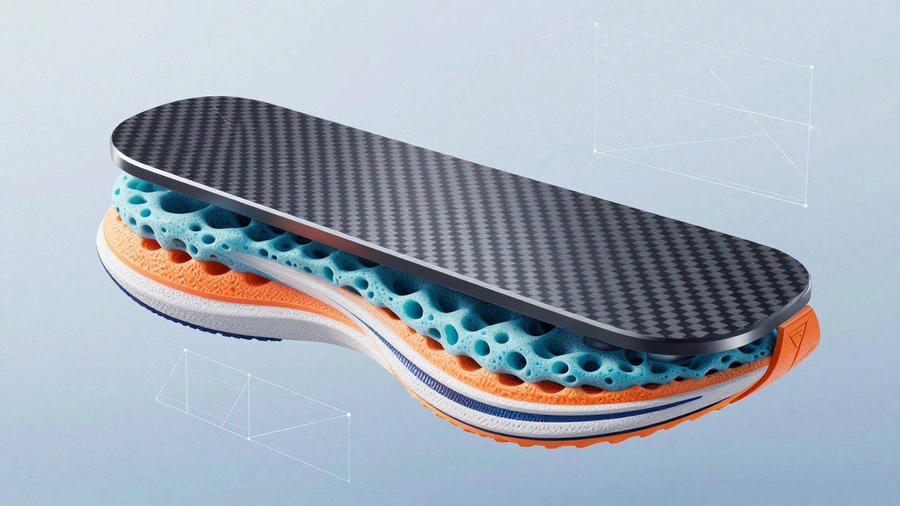 Cross-section of a running shoe sole showing carbon plate and advanced foam layers.
