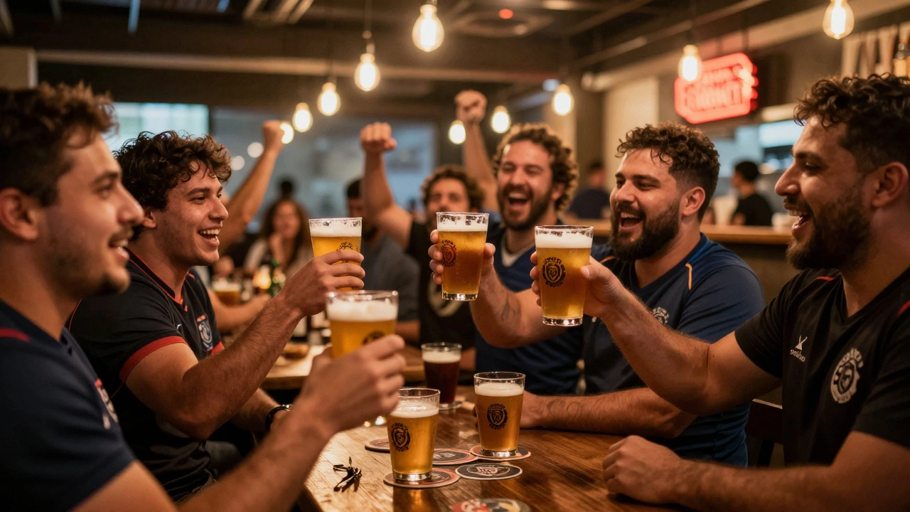 Fans celebrating with craft beer and branded glassware in a lively Brazilian rugby pub.