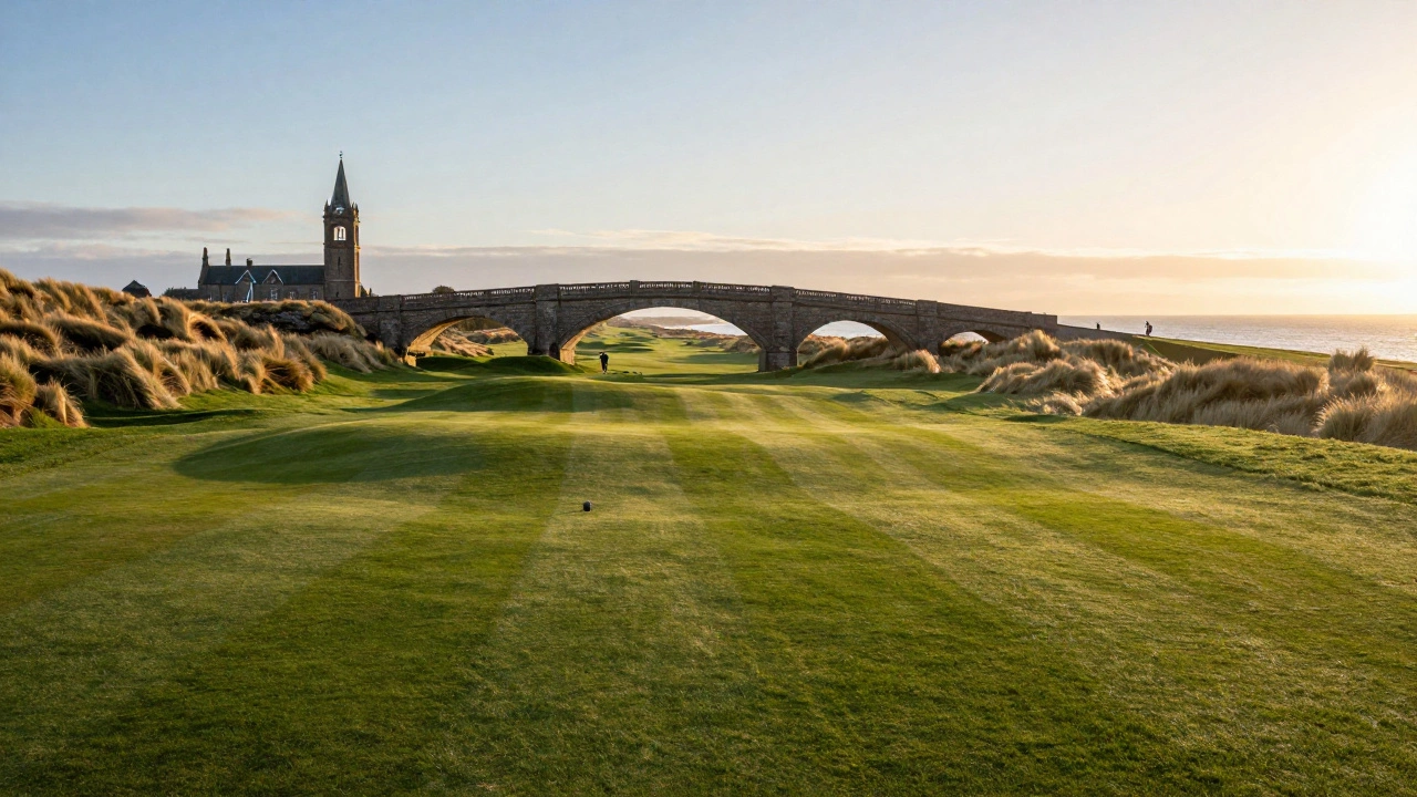 Golfer on the historic St Andrews Links course at sunrise with the Swilcan Bridge