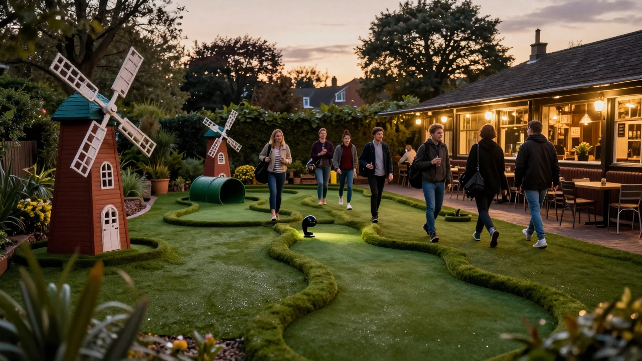 Group playing pitch and putt golf in a lit pub garden during twilight with drinks.