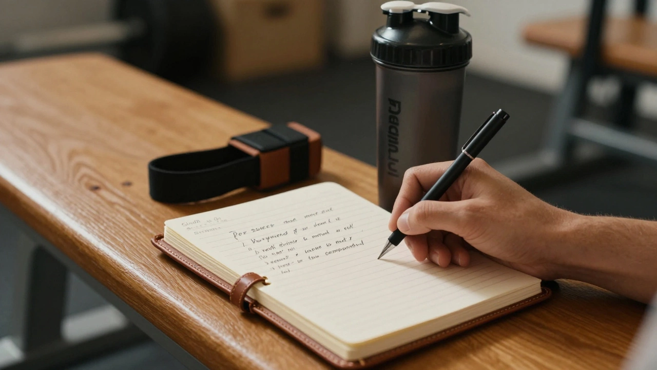 Hand writing in a fitness journal next to a protein shaker