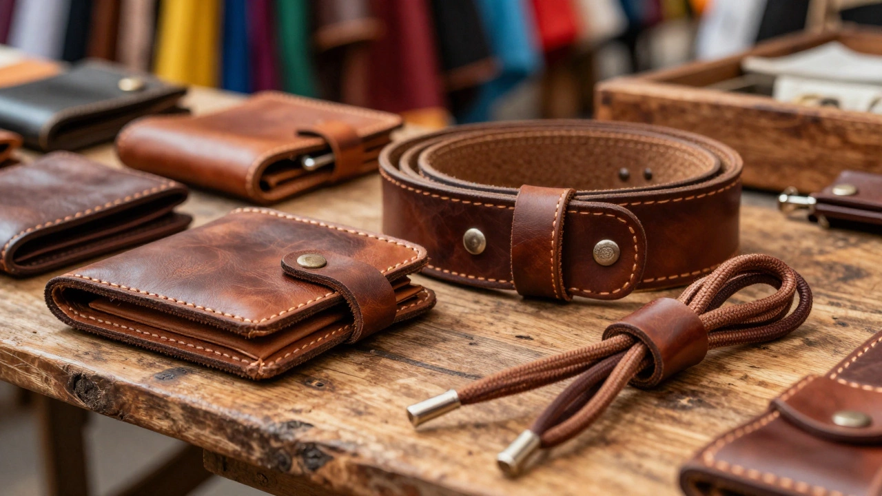 Handcrafted leather wallets and rugby accessories on a wooden table at a Brazilian market.