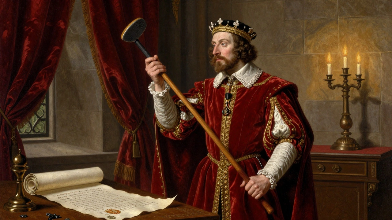 King James IV holding a golf club next to a royal decree banning the sport