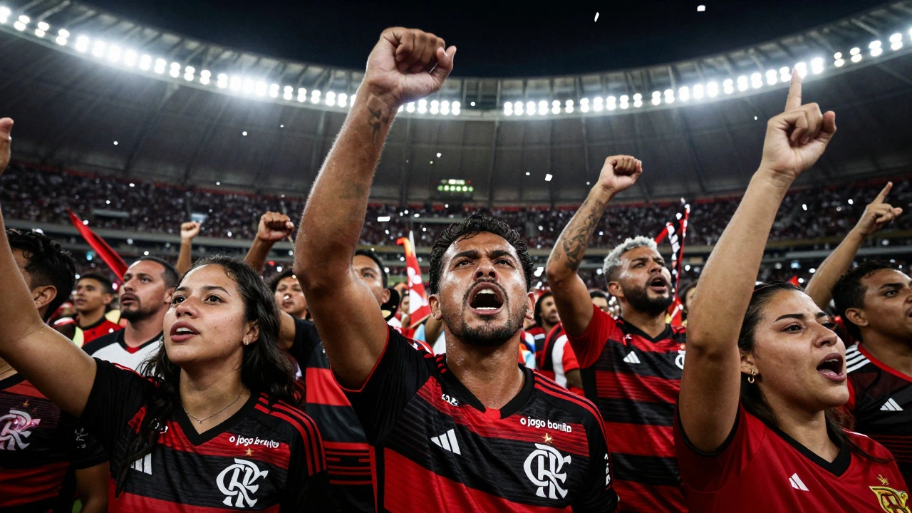 Passionate Brazilian fans celebrating a goal in a crowded stadium