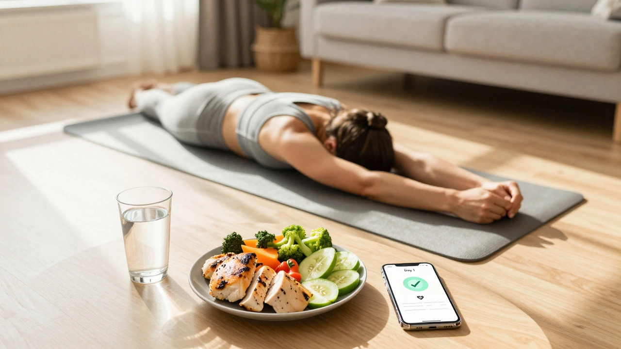 Person stretching at home with healthy food nearby
