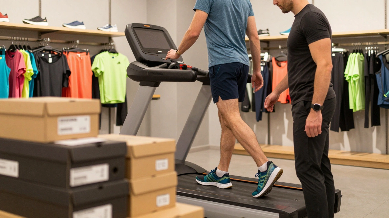 Runner undergoing gait analysis in a specialty store with shoe boxes nearby.