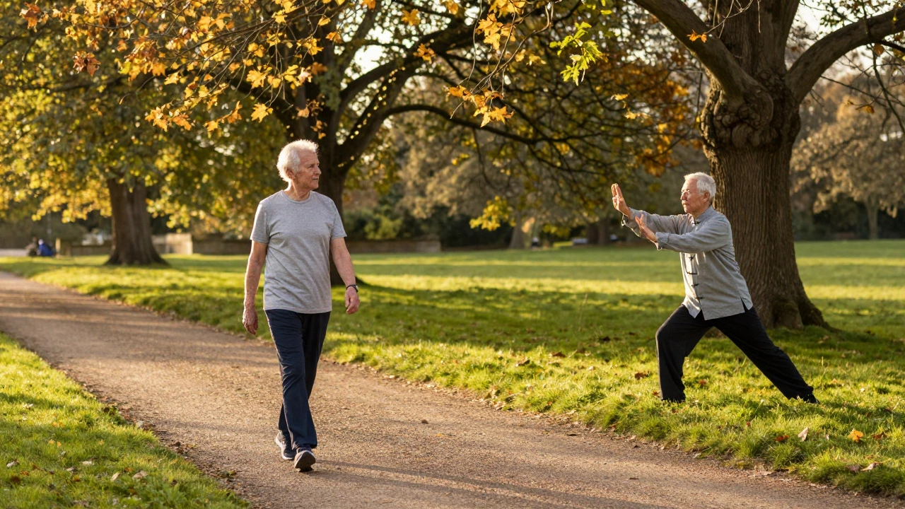 Seniors doing Zone 2 cardio and Tai Chi in a park