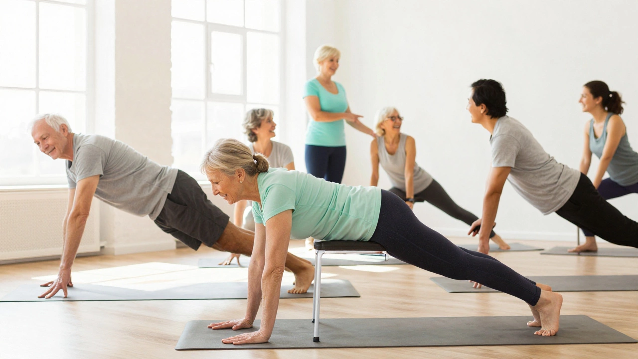 Seniors smiling during gentle yoga class in bright studio