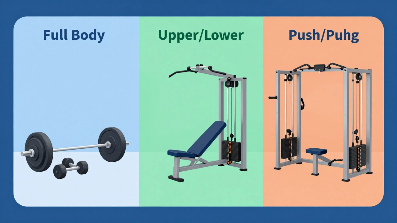 Three distinct gym areas representing full body, upper/lower, and push/pull/legs splits