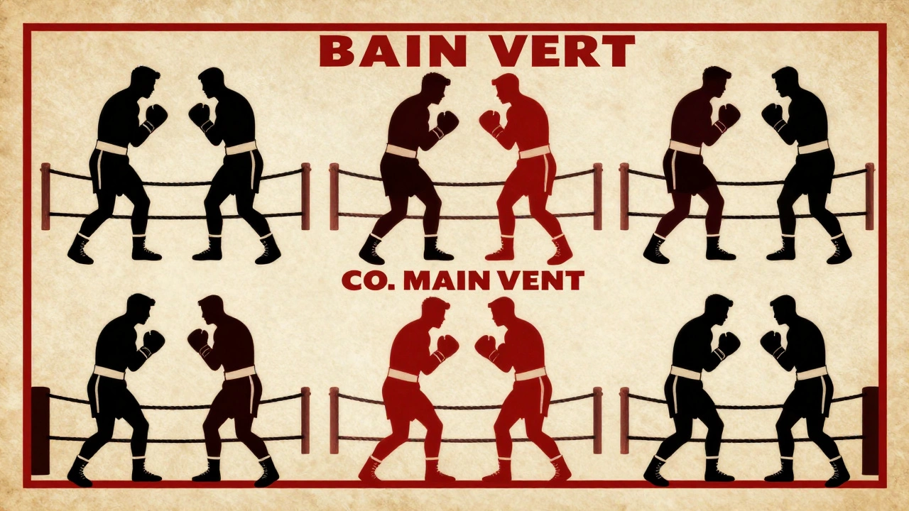 Vintage artistic illustration of boxing silhouettes representing a fight card.