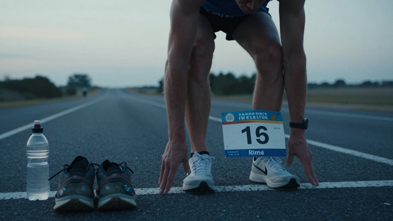 Anxious runner at the start line facing a daunting marathon distance