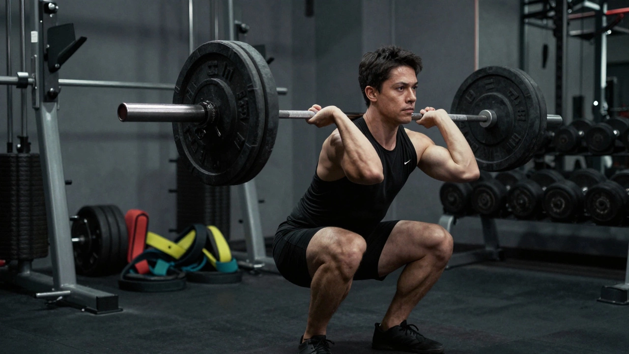 Athlete performing a heavy barbell squat in a gym strength training area