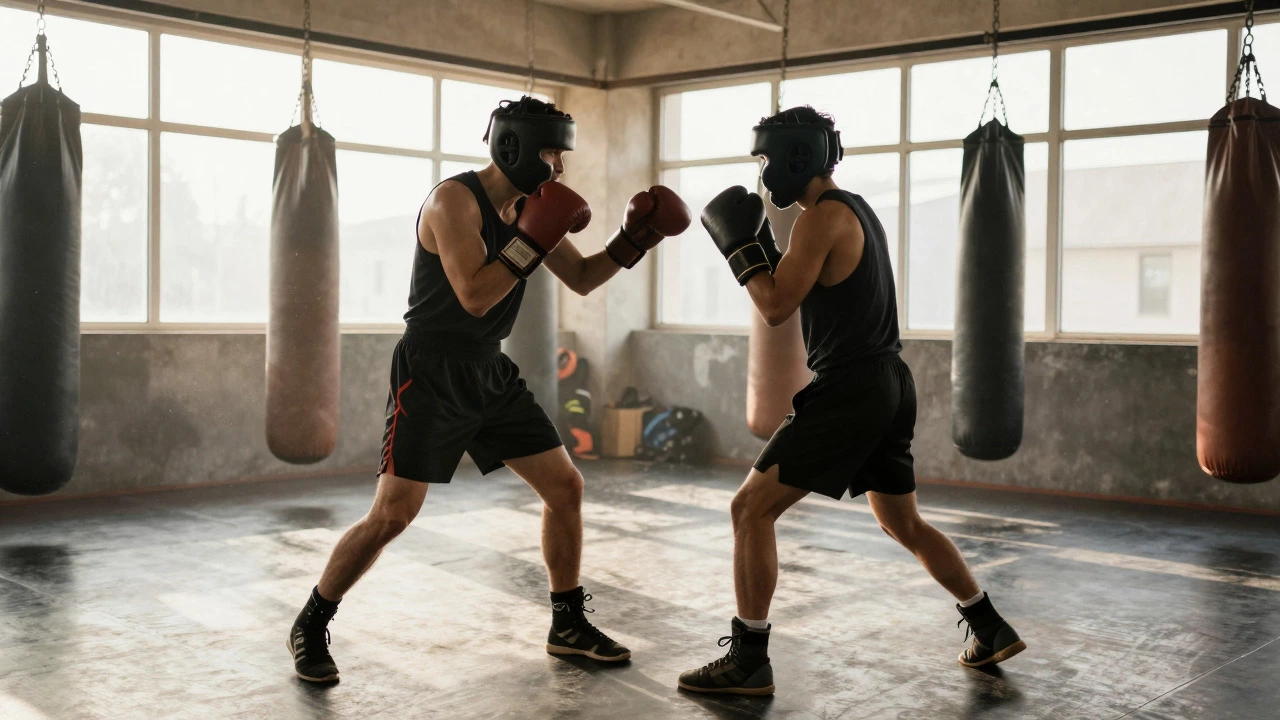 Boxers sparring lightly in a gym with headgear and large gloves.