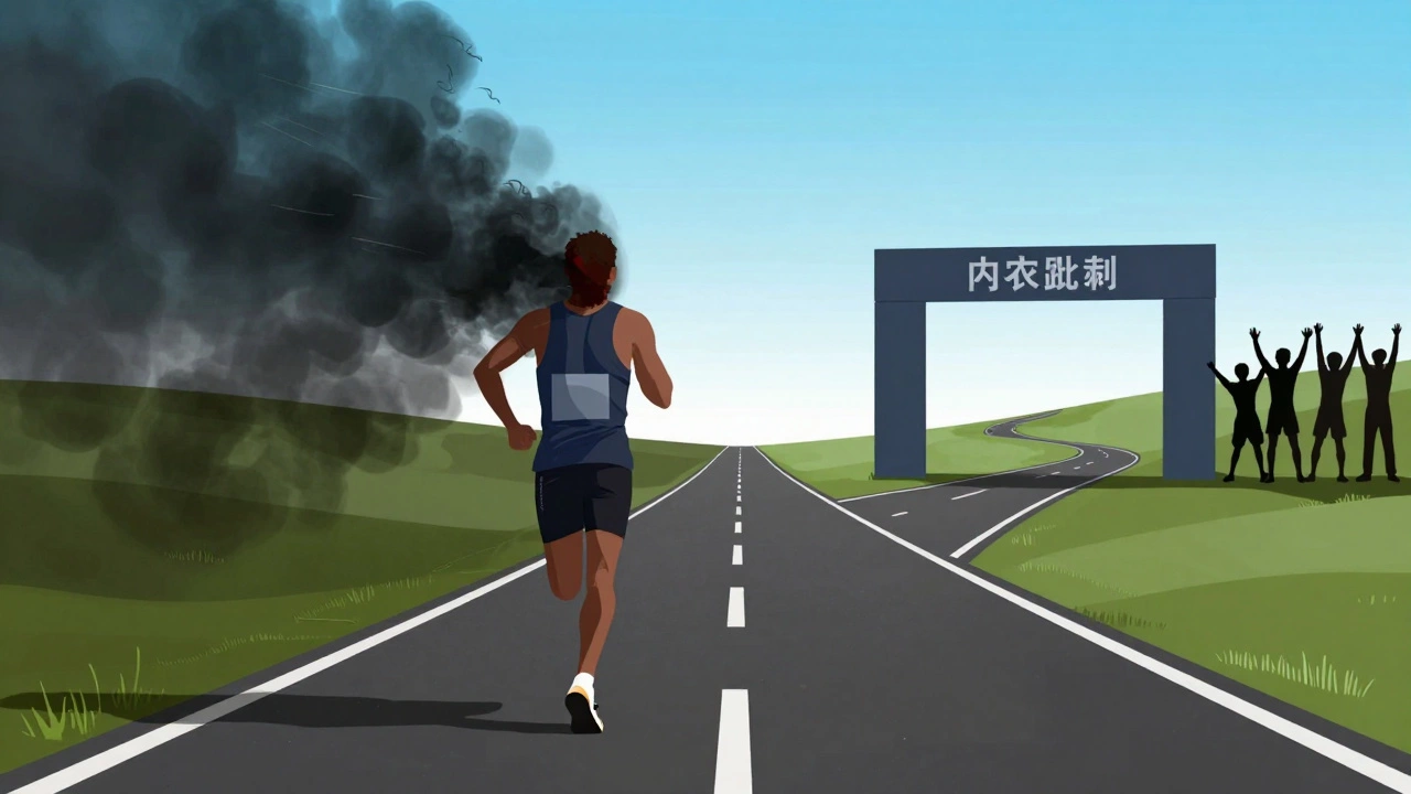 Conceptual art of a runner's mental battle between pain and hope