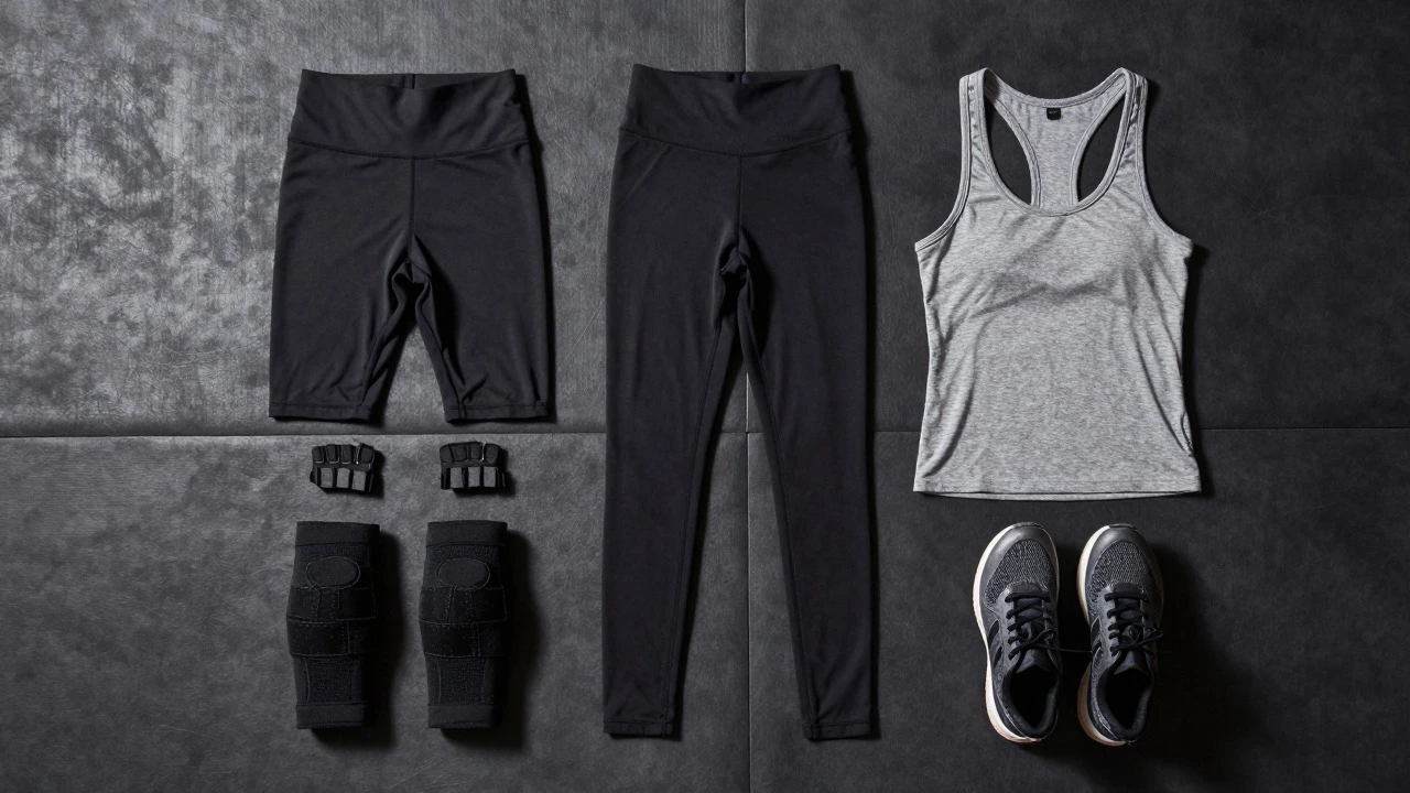 Flat lay of gym essentials including leggings, tank top, gloves, and cross-trainers