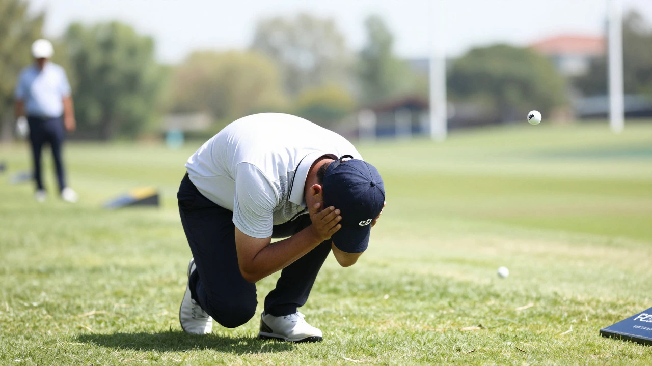 Golfer ducks and covers head for protection on a busy driving range.