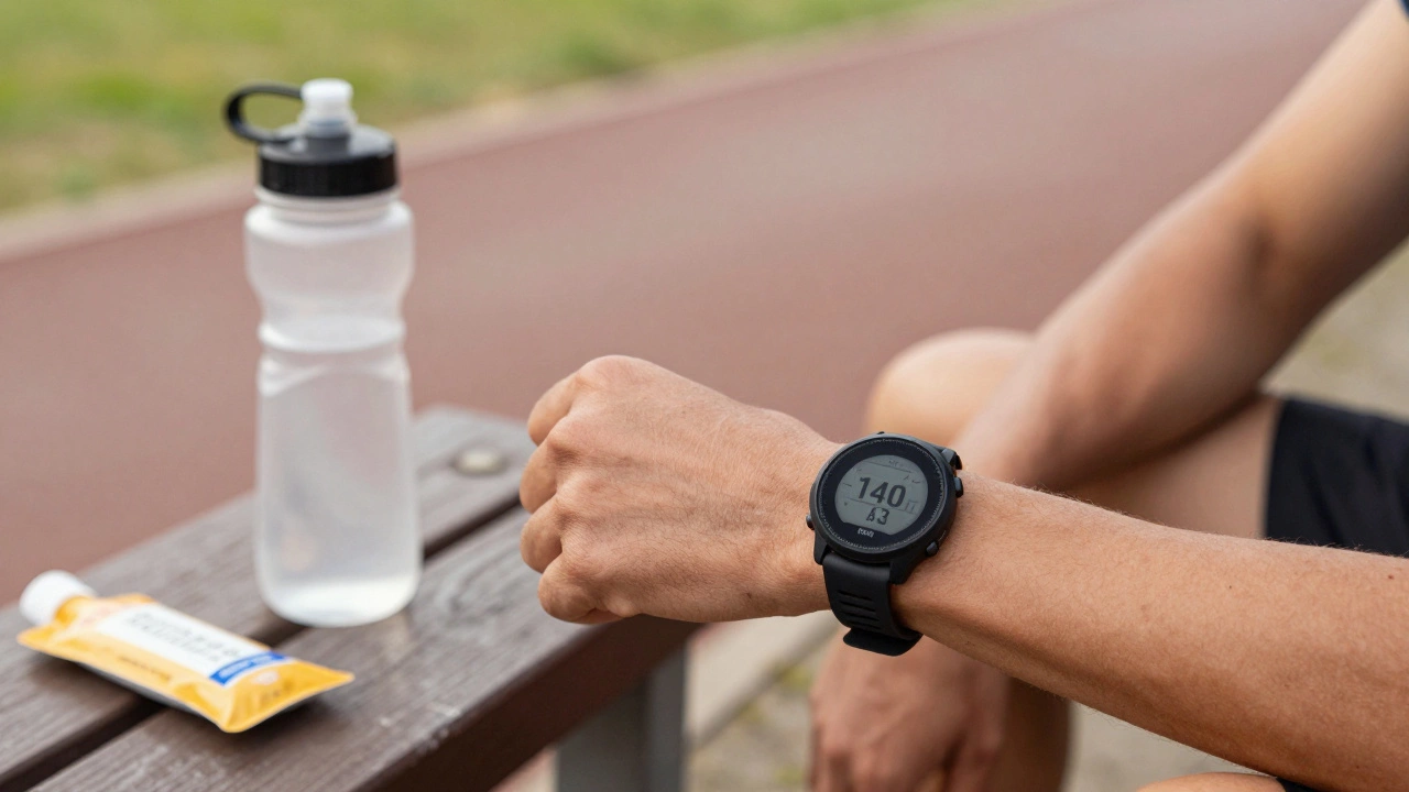 GPS watch and hydration supplies on bench near track