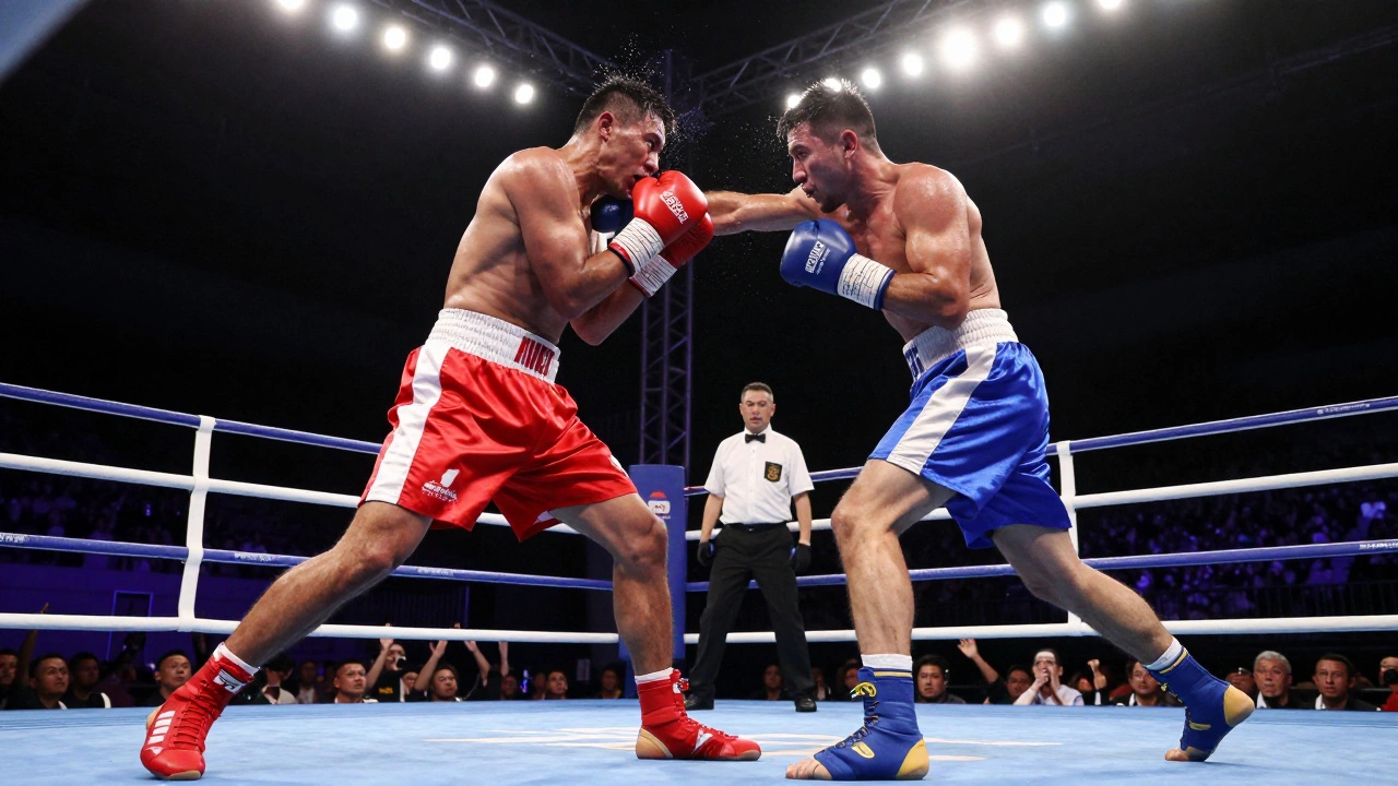 Heavyweight boxers fighting in a crowded arena ring