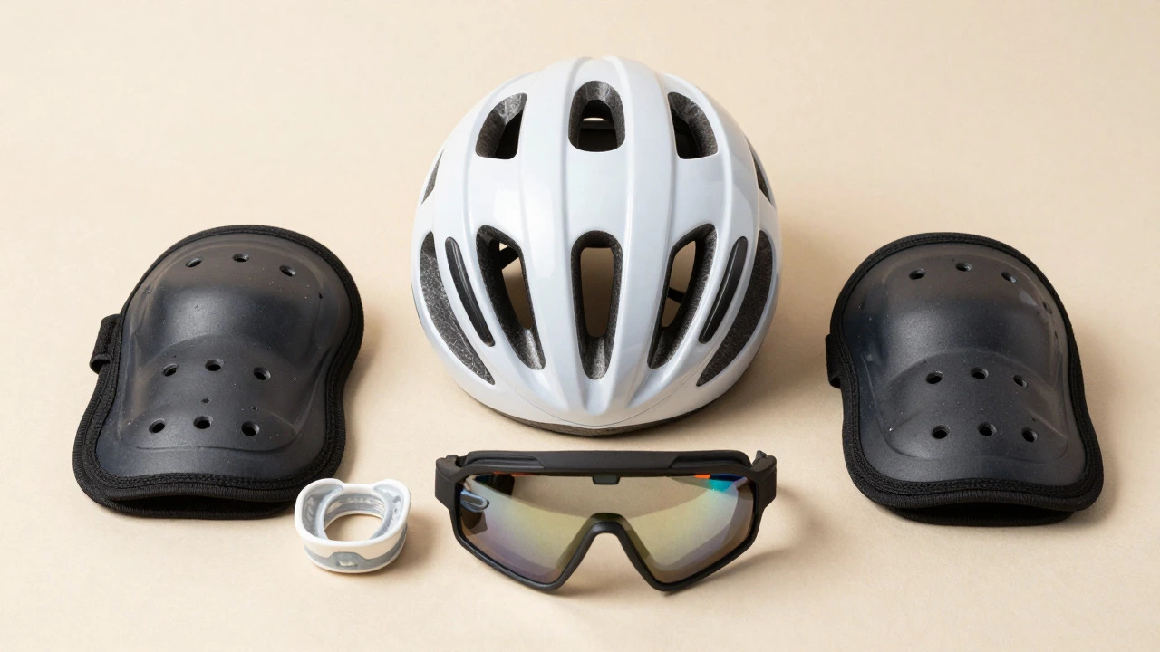 Protective sports gear including helmet, pads, and goggles