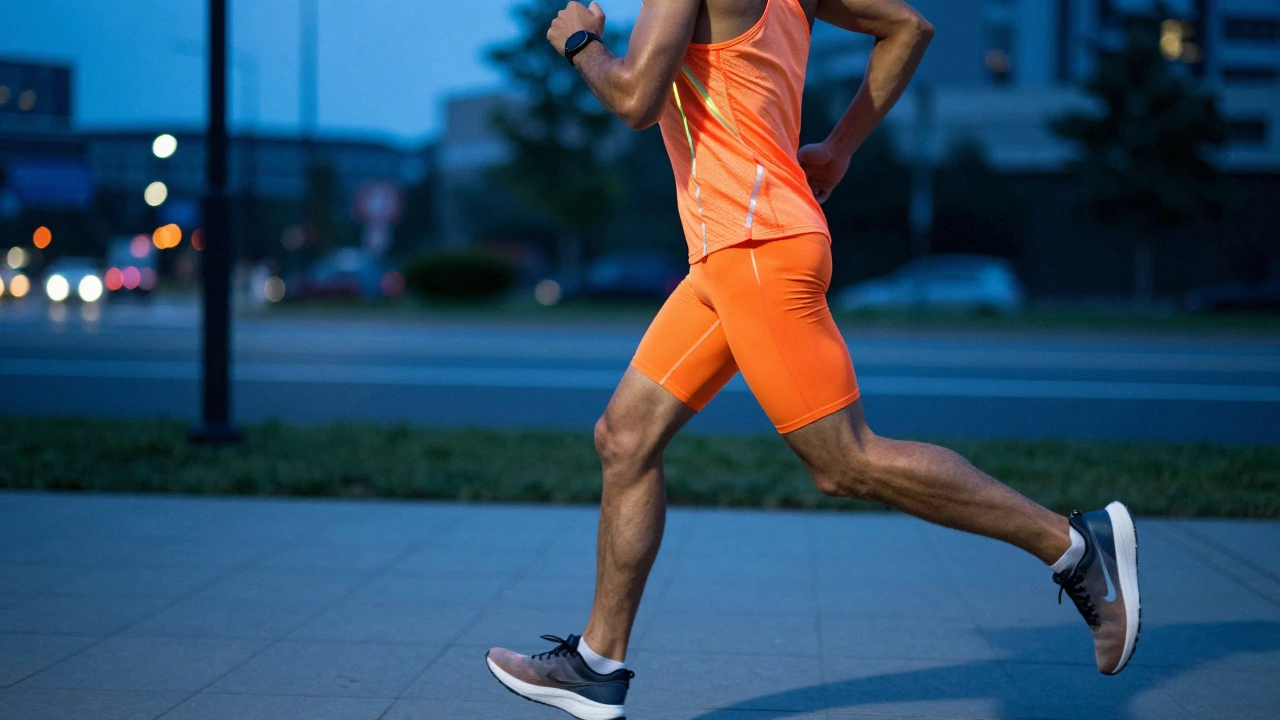 Runner wearing neon reflective compression gear jogging on a city street at dusk