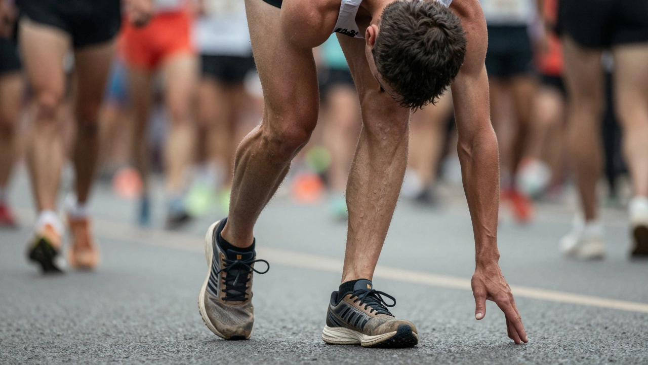 Runner with slumped posture showing form collapse due to fatigue