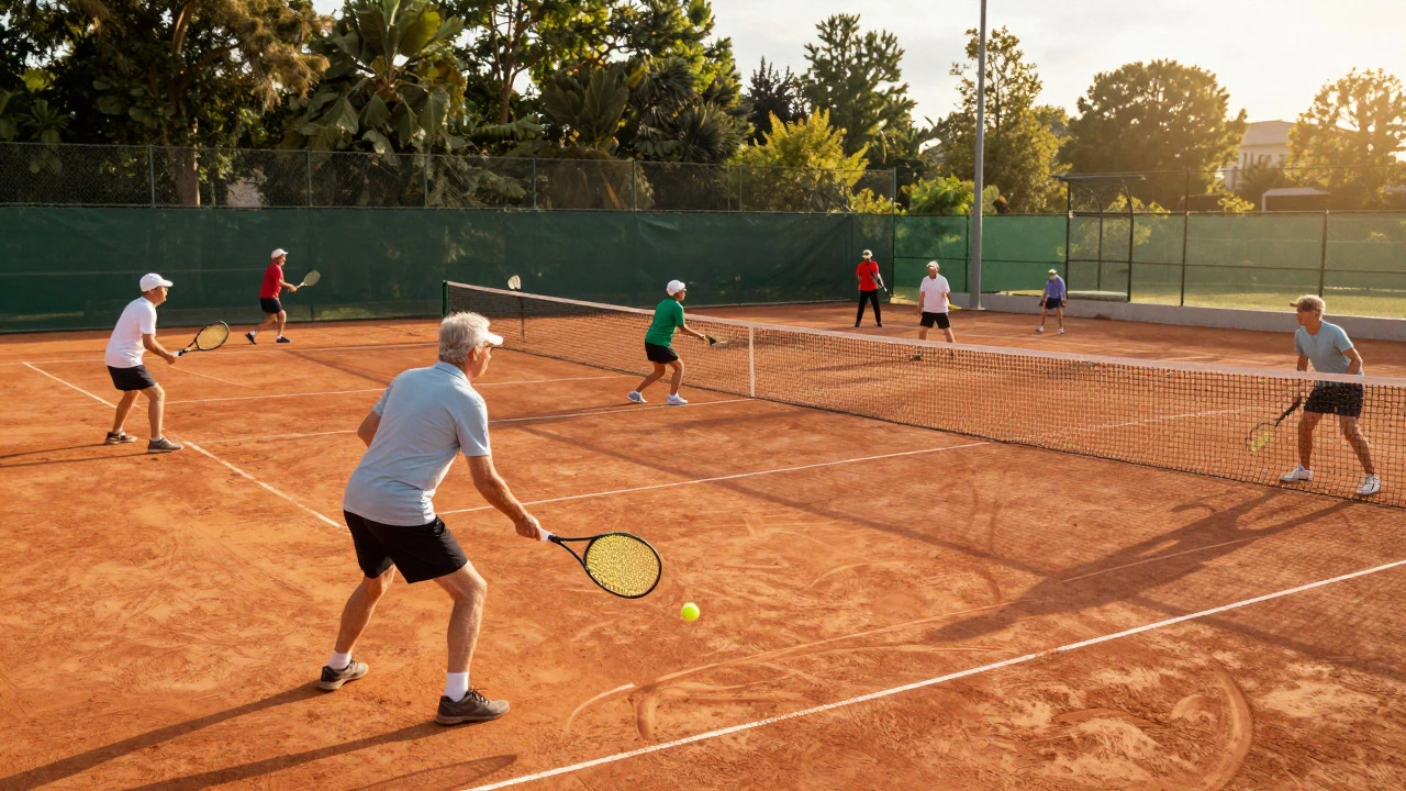 Senior adults playing strategic doubles tennis on a clay court at sunset