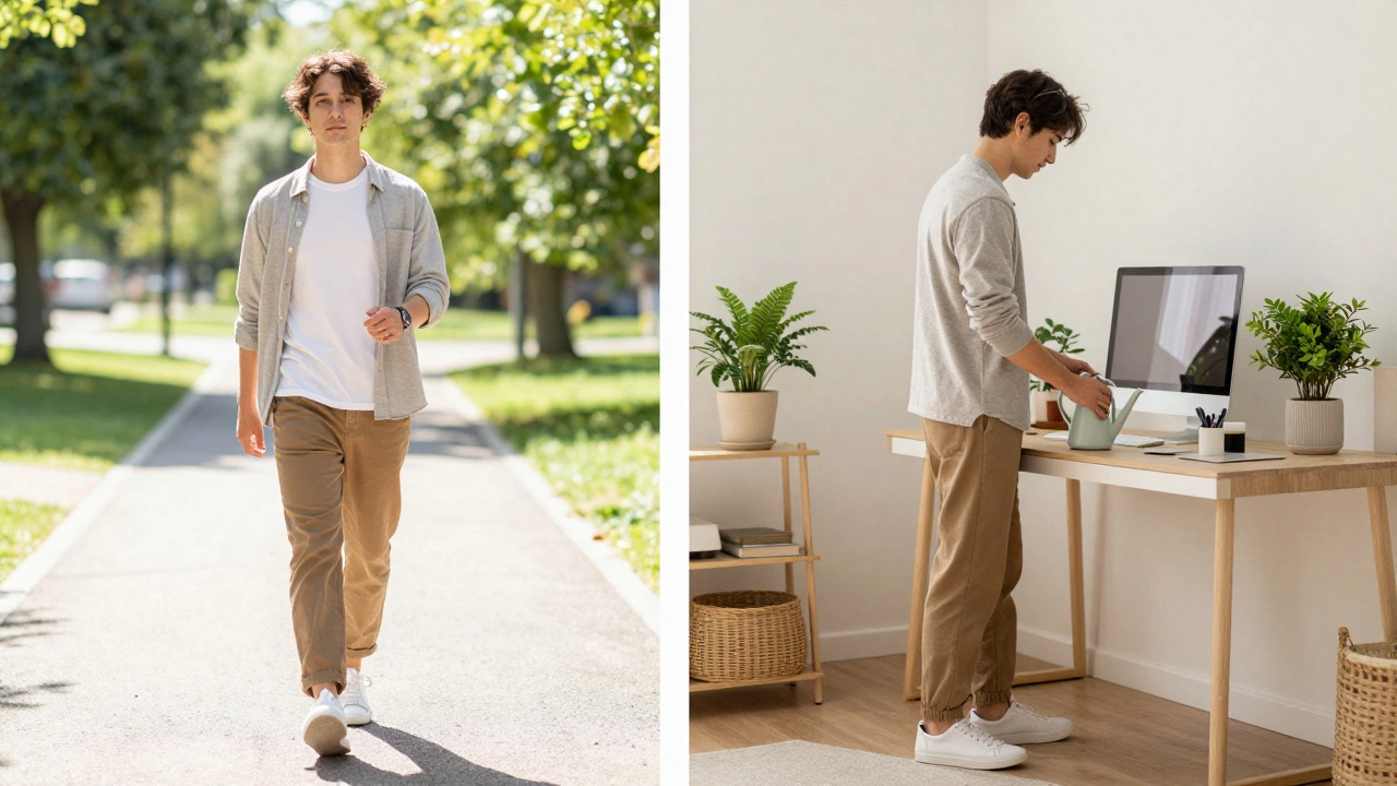 Split view of a person walking outside and doing chores to boost daily movement