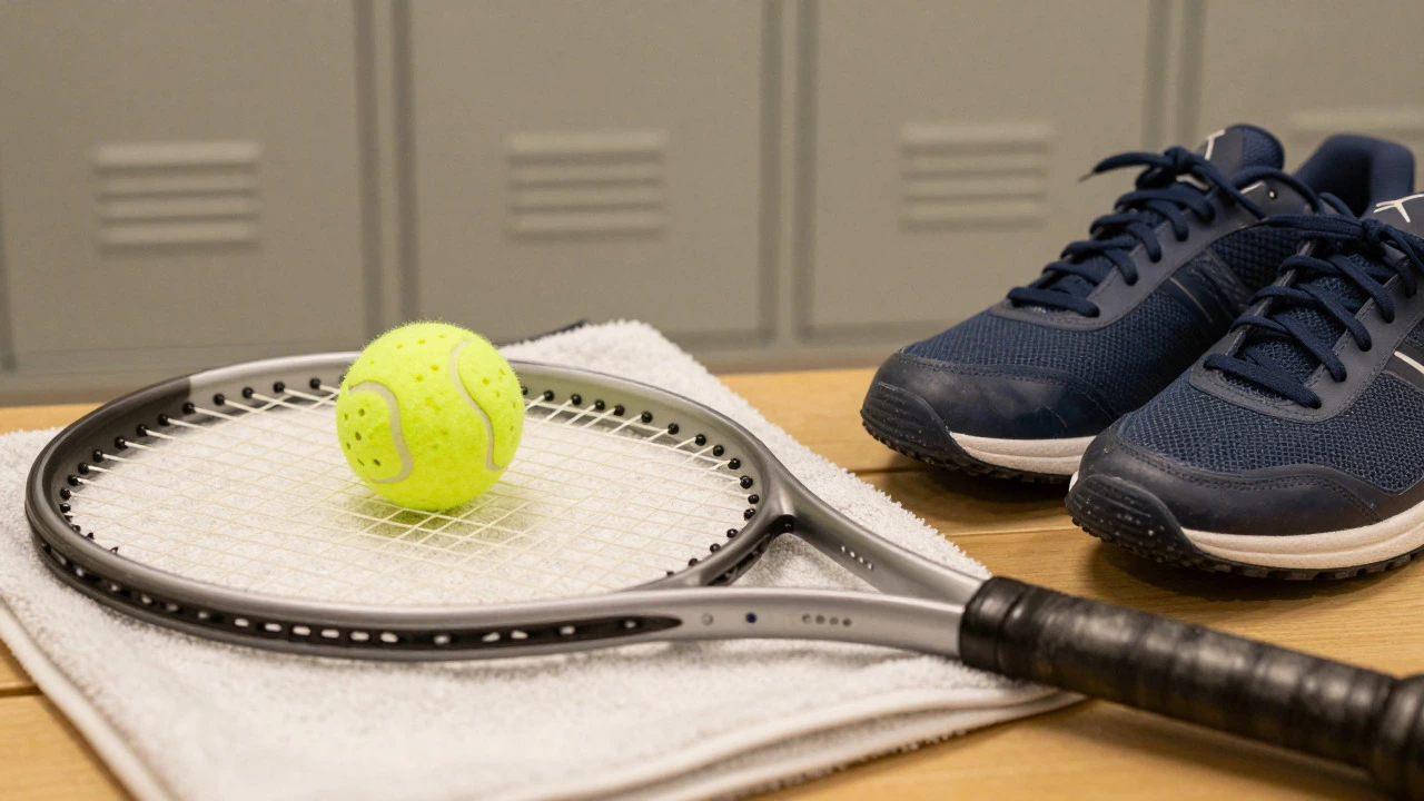 Tennis racket, foam balls, and shoes arranged for senior player preparation