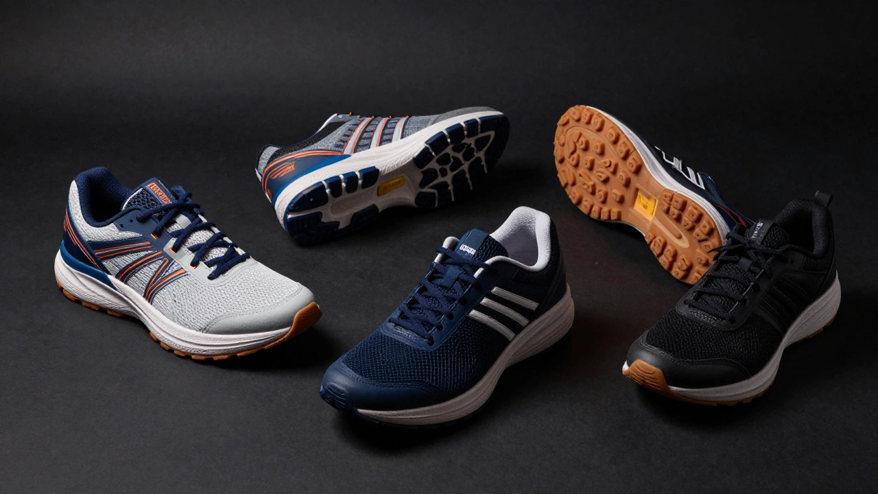 Various types of sports shoes including running and court styles