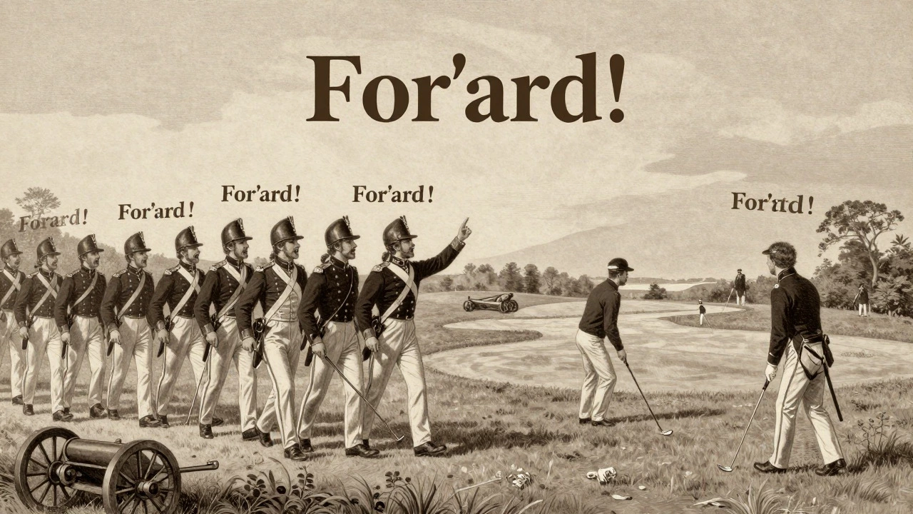 Vintage etching showing British soldiers shouting For'ard, linking to golf origins.