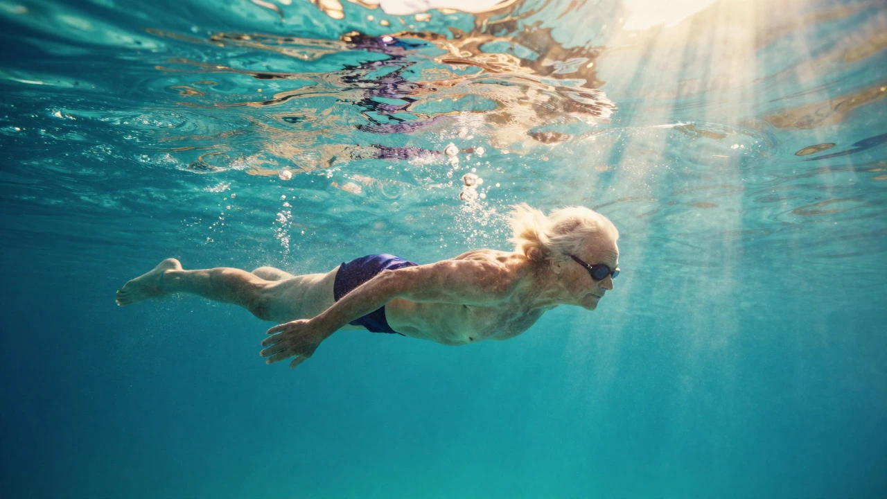 A mature swimmer gliding peacefully underwater in sunlit blue water