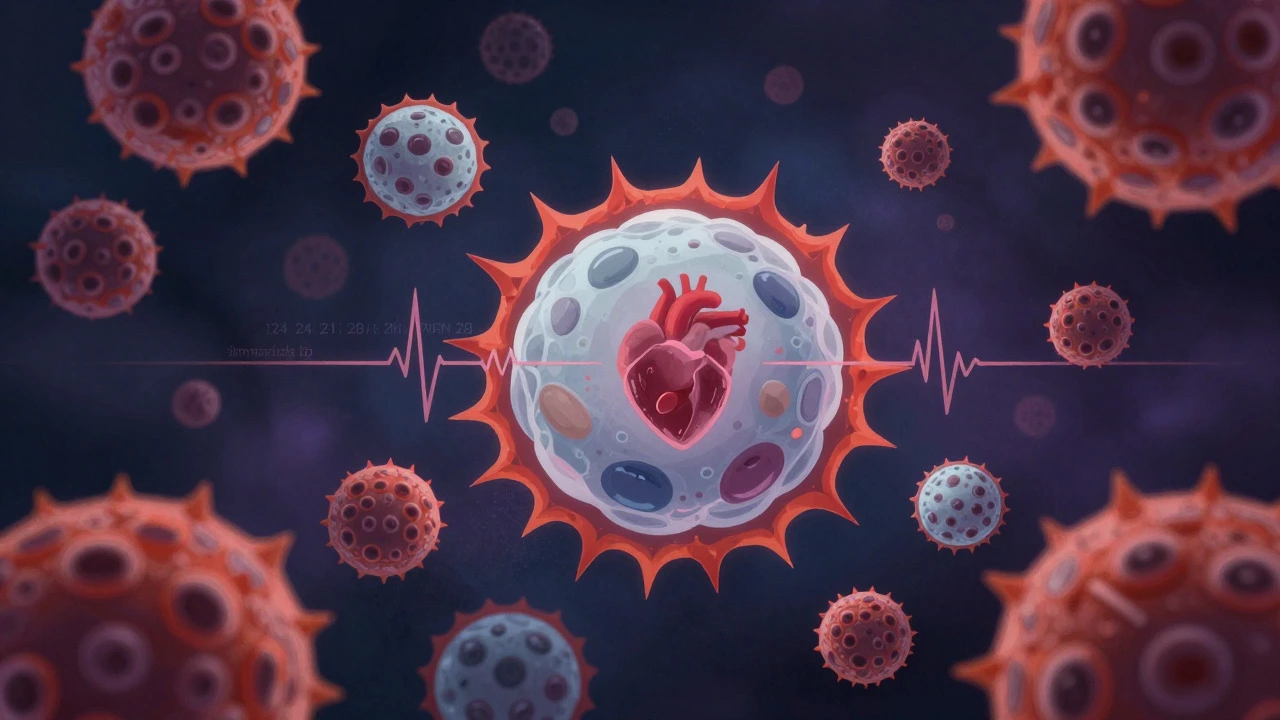 Abstract illustration of stressed immune cells and cortisol molecules in dark tones