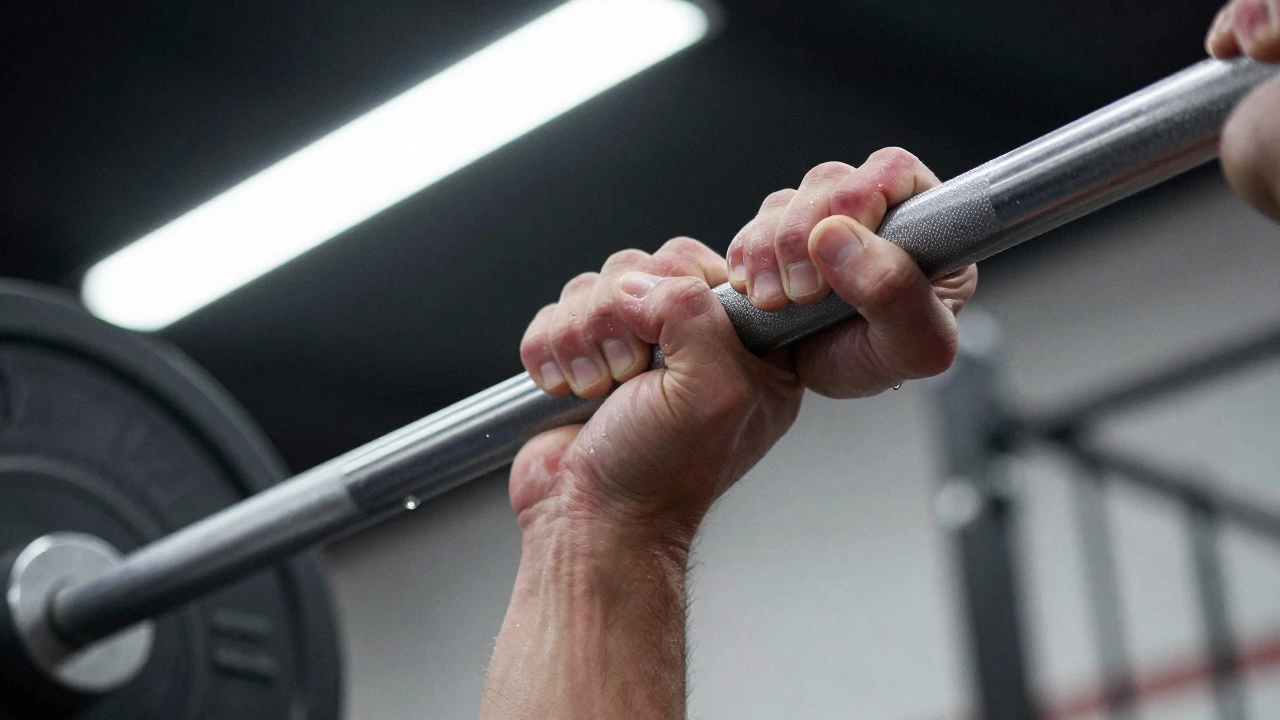 Close-up of hands gripping a barbell during a deadlift