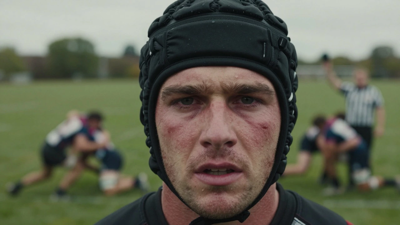 Close up of rugby player with scrum cap, showing intensity and lack of helmet