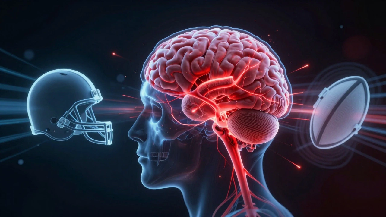 Conceptual art showing brain trauma risks in football versus rugby impacts