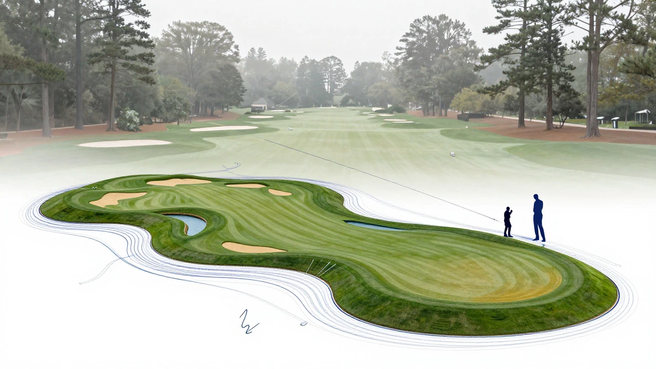 Conceptual art showing golf course design evolution through hazards and maps