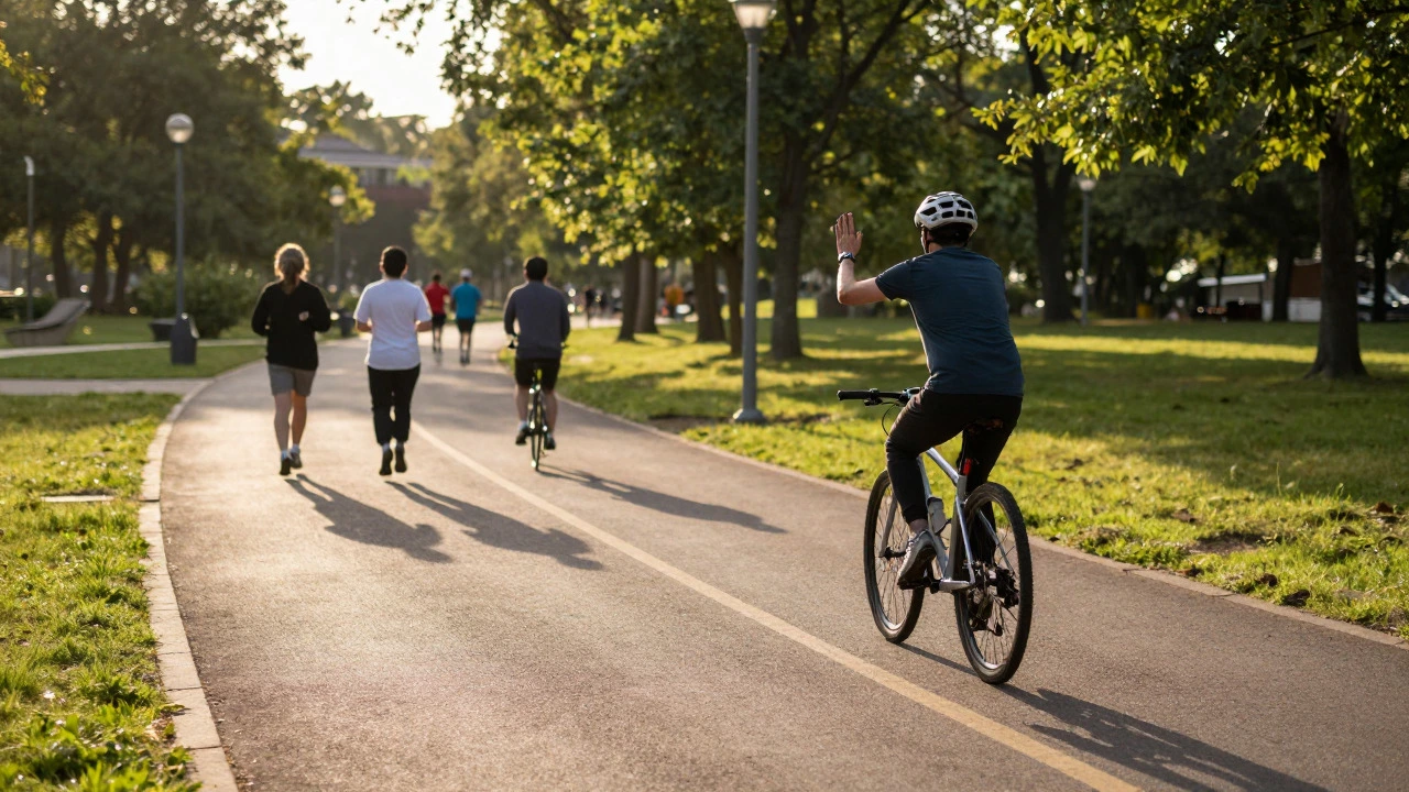 Cyclist sharing a path safely with pedestrians