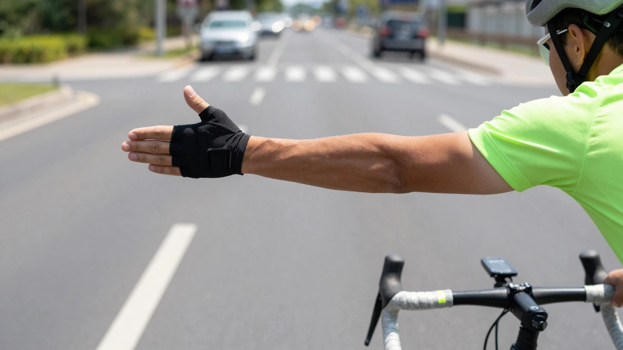 Cyclist using hand signal to indicate a left turn