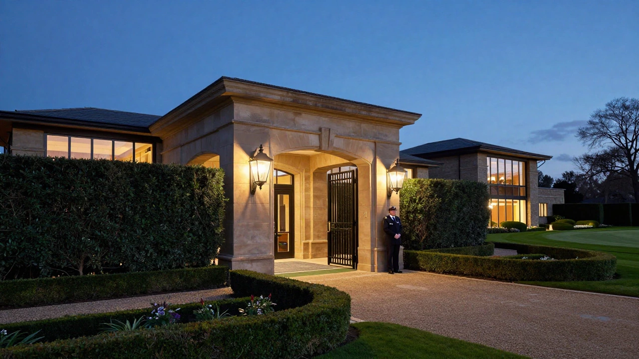 Entrance gate of an exclusive private golf club at dusk