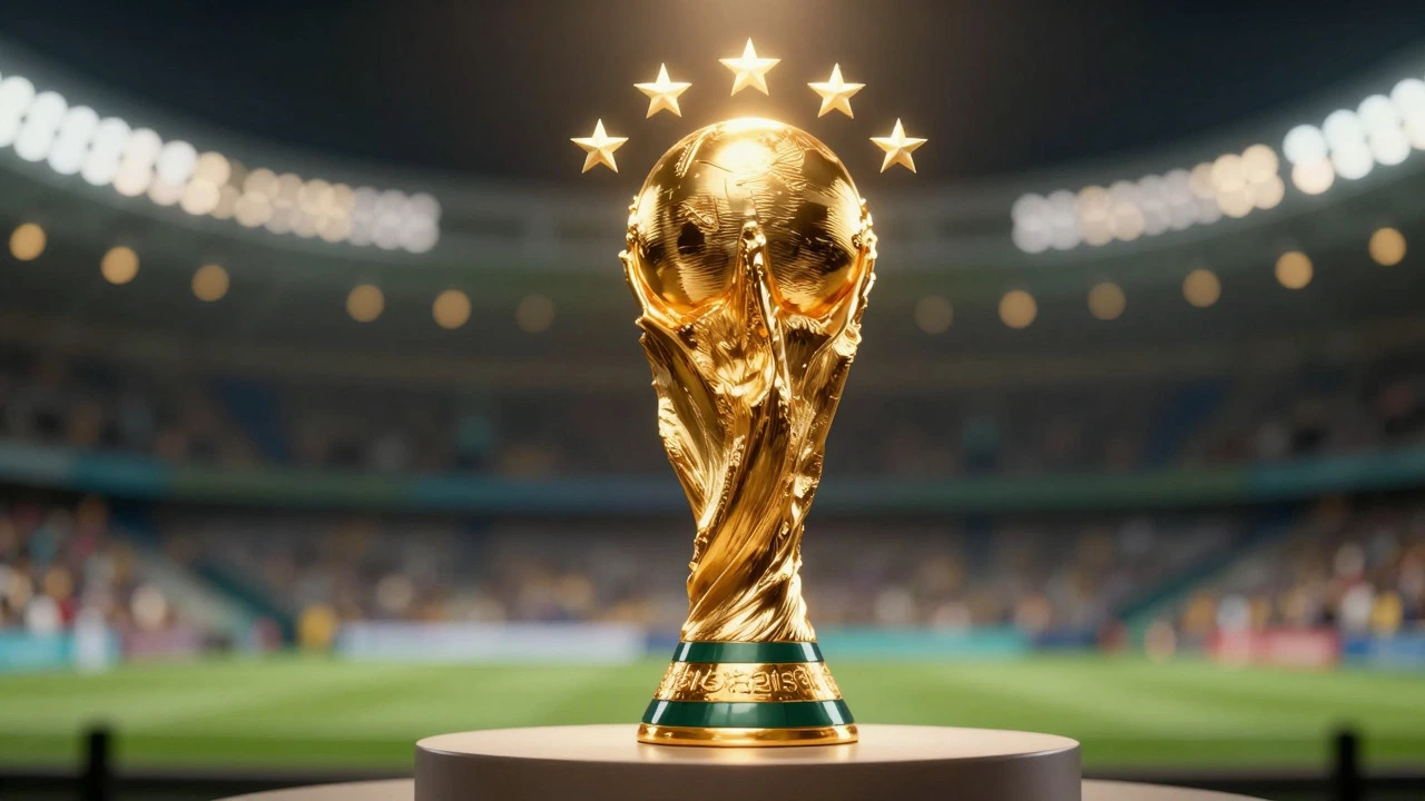 Golden World Cup trophy with five stars above it