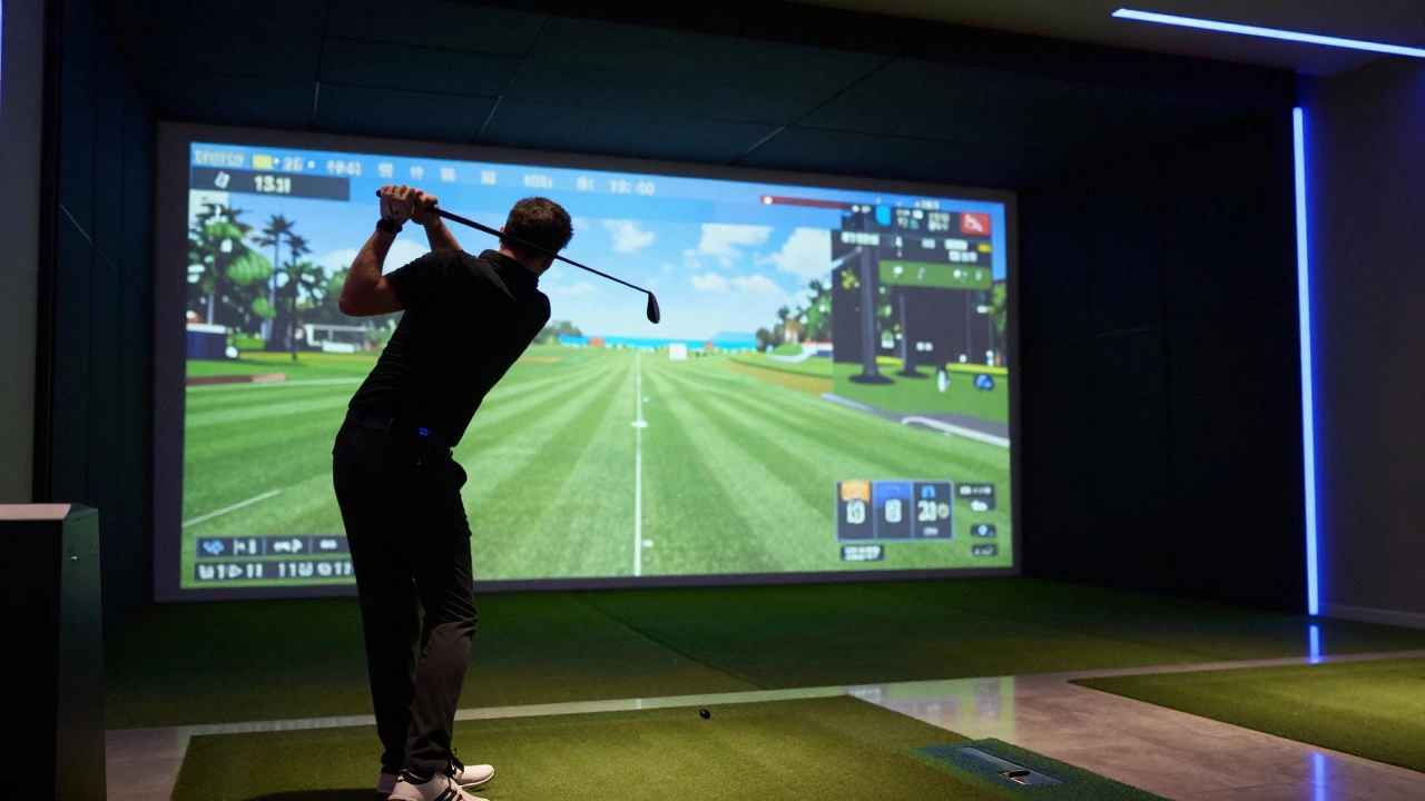 Golfer swinging inside a high-tech indoor golf simulator