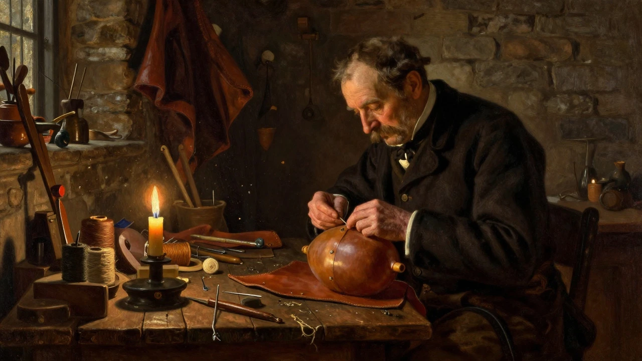 Historical painting of a shoemaker crafting an early leather rugby ball