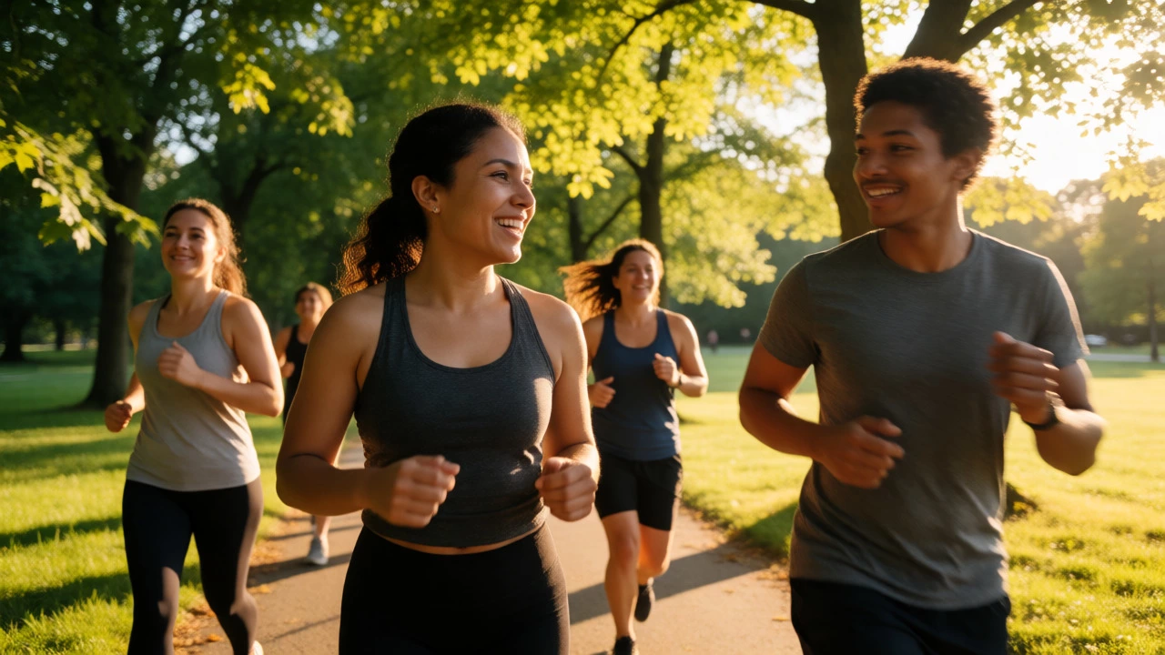 Joggers talking comfortably in a park at sunset