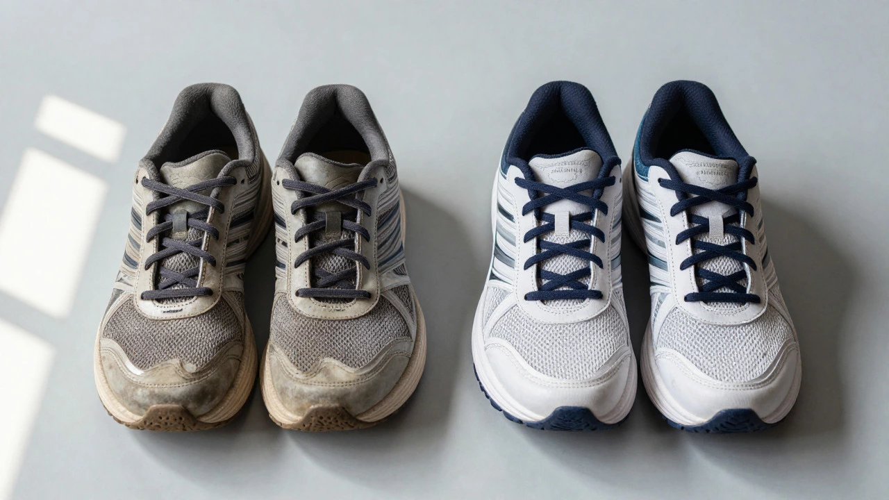 Old worn running shoes next to new ones showing midsole compression